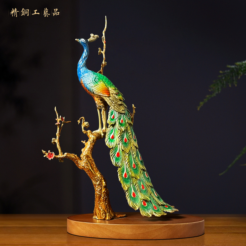新中式全铜工艺品梅开富贵孔雀摆件 家居客厅酒柜装饰品 乔迁礼品