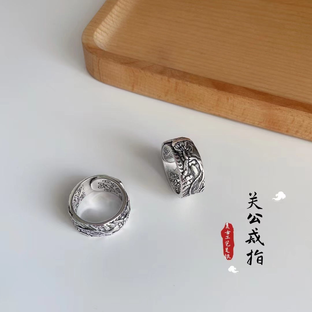 足银戒指 【玉宏银楼】关公戒指复古磨砂浮雕关公戒指足银990..