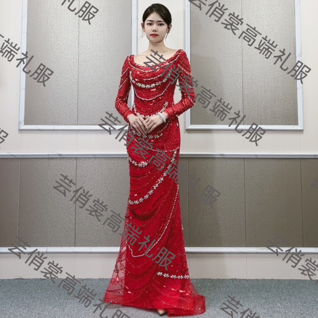 2024新款高端钉珠晚礼服走秀演出年会主持人长裙修身鱼尾显瘦原创