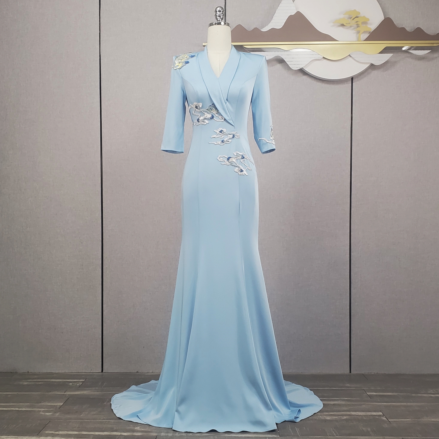 2024新款礼服裙高级感主持人长裙国风系列七分裙鱼尾显瘦优雅