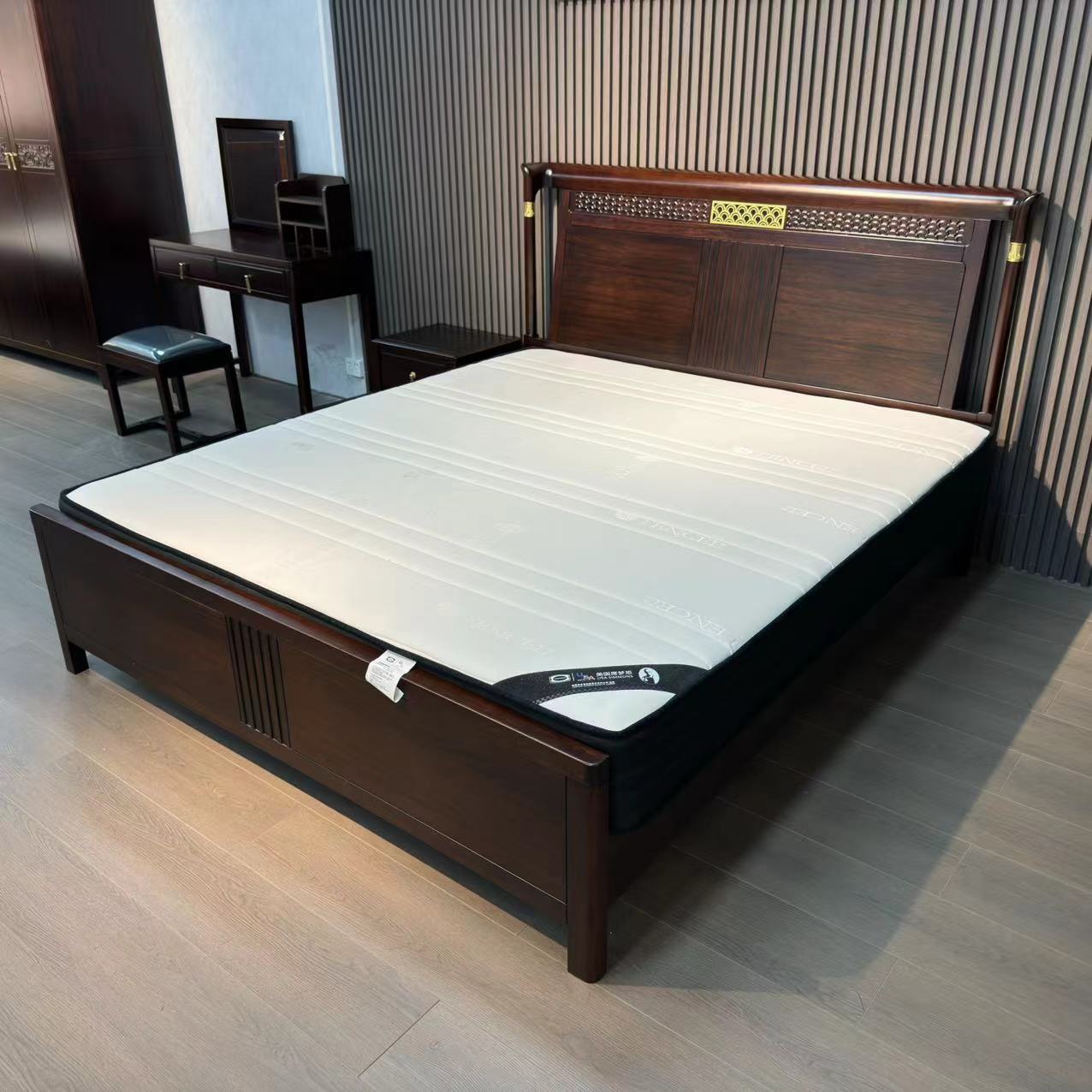 新中式乌金木全实木美式主卧室大床双人高箱床简约奢华新中式床