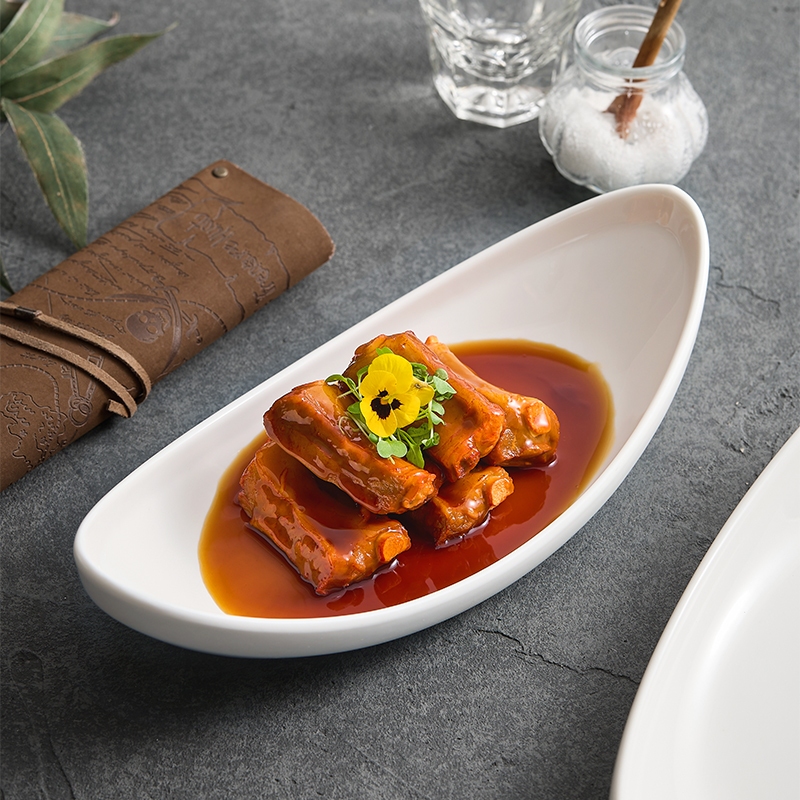 【高温白玉瓷】船形椭形盘 中餐冷菜盘不规则创意网红船形凉菜盘子