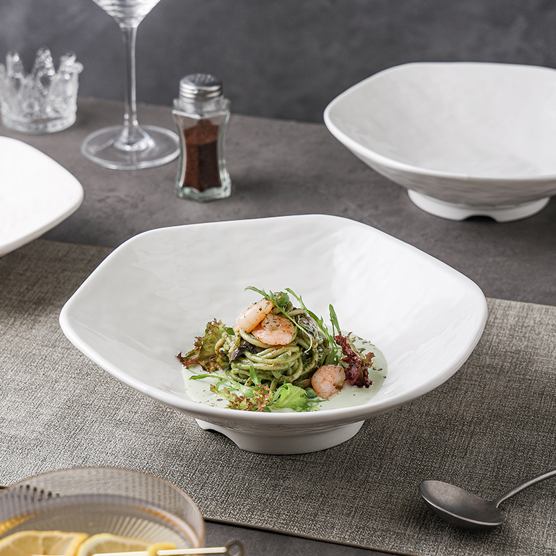 【高温白玉瓷】石纹六角碗 六角盘子菜盘沙拉盘家用大号高脚深汤盘