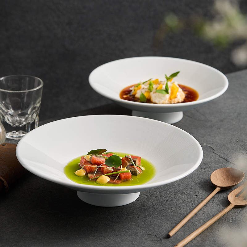 【高温白玉瓷】汉斯纹斗碗-白瓷 菜盘子深盘家用高脚汤盘创意沙拉盘