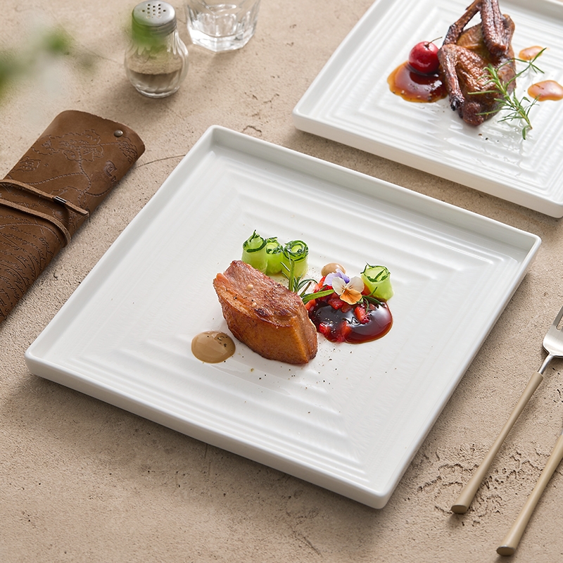 【高温白玉瓷】丝路正方 四方盘 创意方形盘子西餐餐盘牛排摆盘