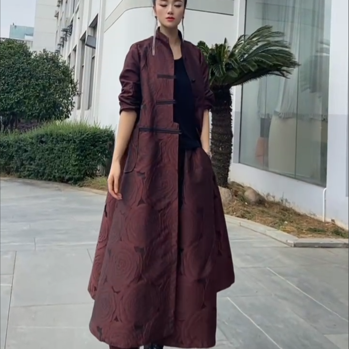 套装   国风提花盘扣套装两件套（风衣＋裤子）