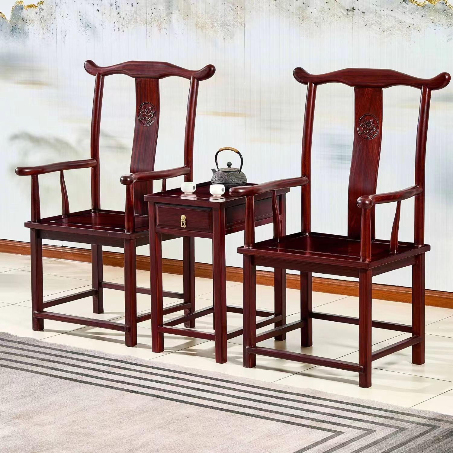 大官帽椅三件套 东非酸枝木太师椅三件套 明式围椅带扶手靠背座椅