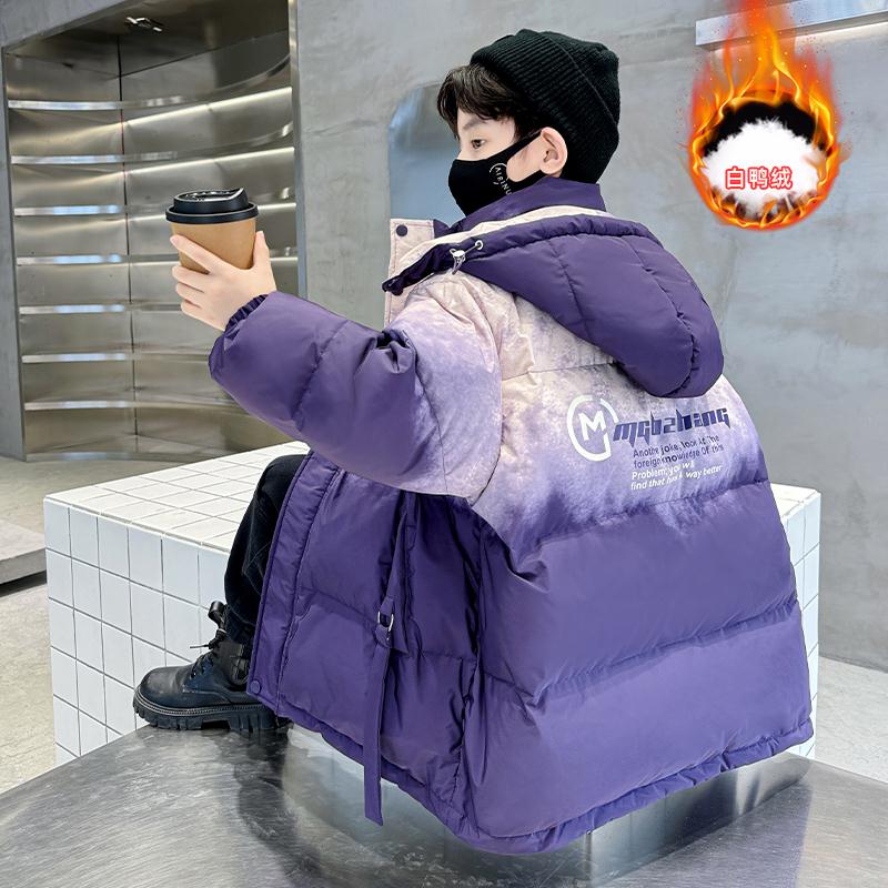 安踏流行儿童套装男童羽绒服冬装2023新款中长版男孩外套大童秋冬