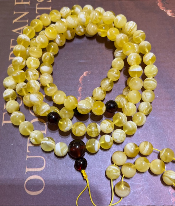 琥珀金白花蜜蜡圆珠108链，9m，53g