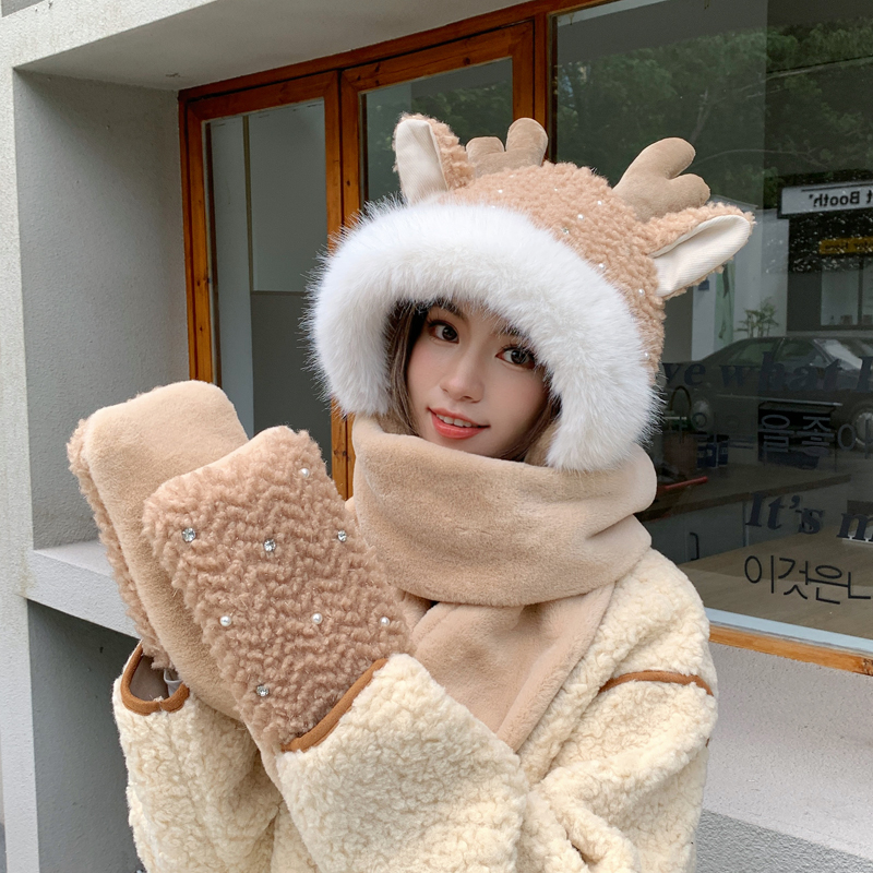 可爱圣诞鹿角帽子围巾手套一体女冬季新款毛绒保暖护耳连帽三件套