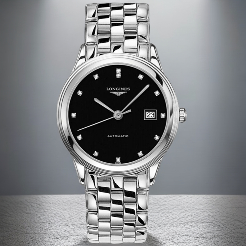 99新 Longines/浪琴 仁智/全套军旗女表/30表径/机械/黑盘原镶钻