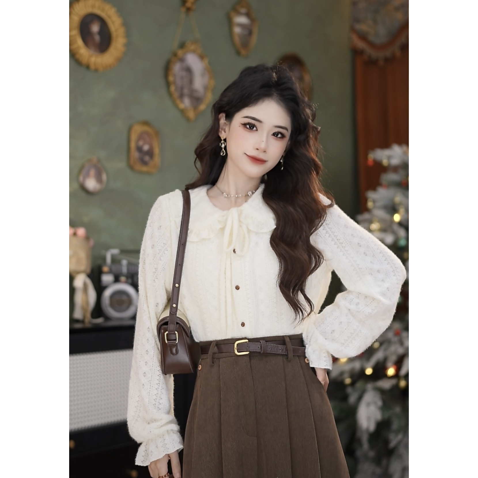 张嘉圆  24新款秋冬百搭复古港风显瘦气质长袖毛织衫#7610