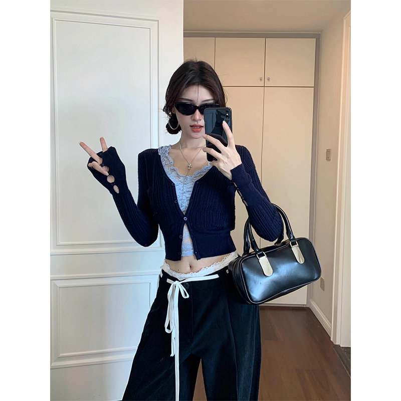 2025早秋新款女士休闲裤气质修身显瘦蕾丝性感内搭针织长袖开衫