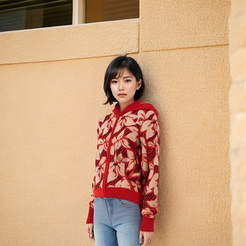 中老年加厚拉链戴帽女开衫针织连帽秋冬宽松提花