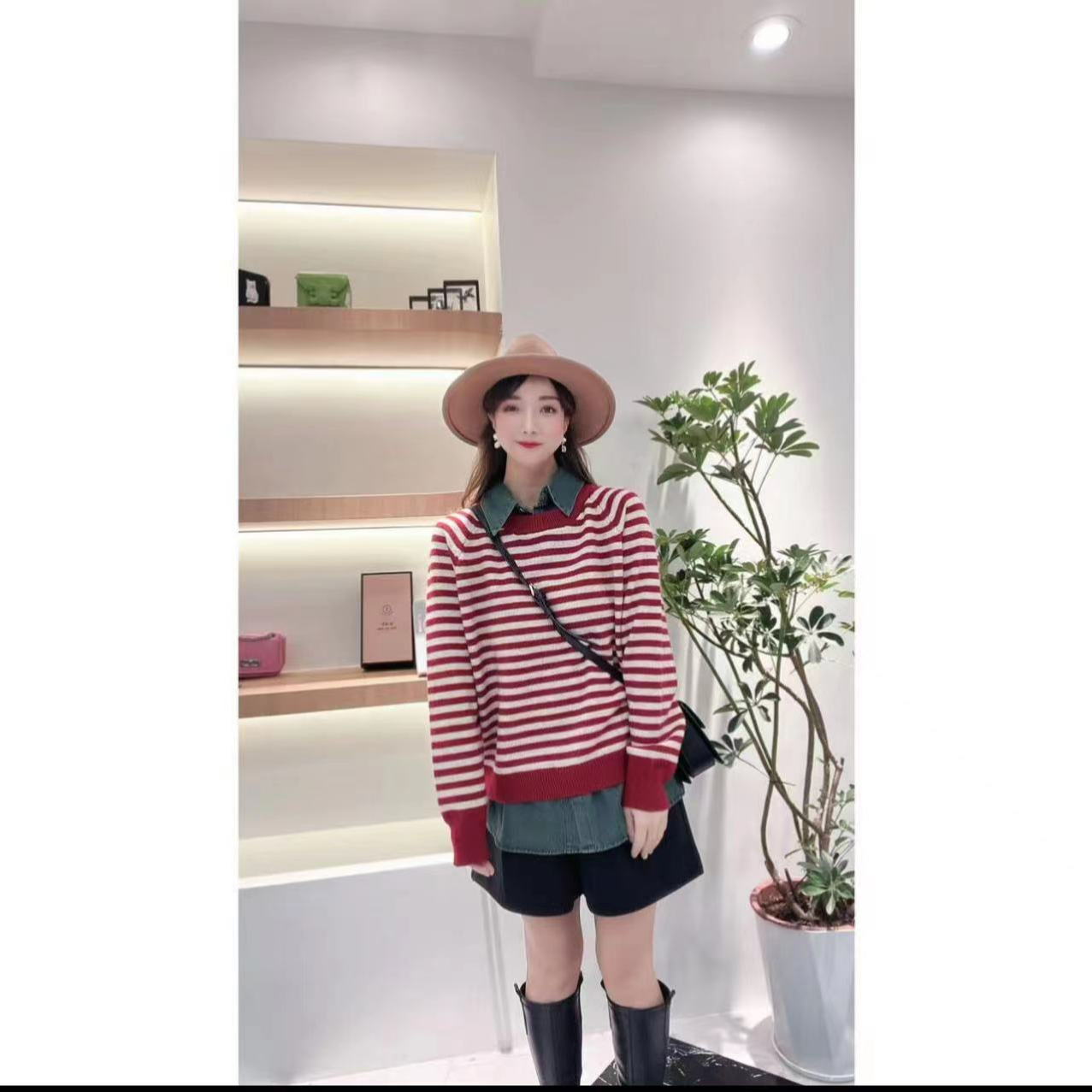 【小雨雨服饰】MY009百搭红色条纹假两件毛衣