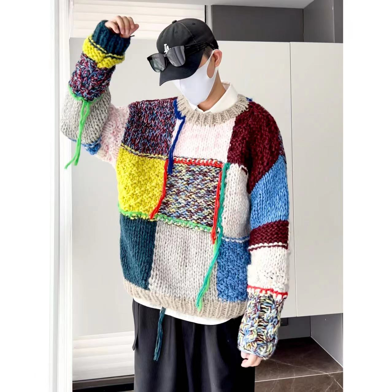 大圣圣 重工艺加厚宽松拼色流苏慵懒圆领手打针织毛衣男 FUL48683