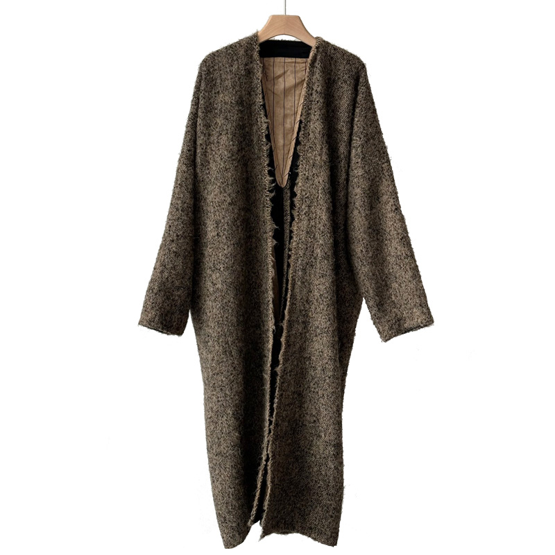 秋冬设计师茶色针织简约气质百搭羊毛无休闲帽中长款女士大衣