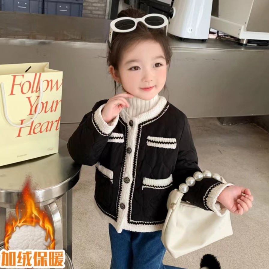 XIAN女童黑色小香风加厚外套2023秋冬新款加绒洋气棉服ZY-GL-D24