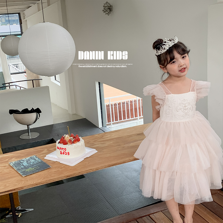 【嗒囜】231131女童手工钉珠蛋糕裙夏季宝宝韩版洋气蓬蓬纱公主裙