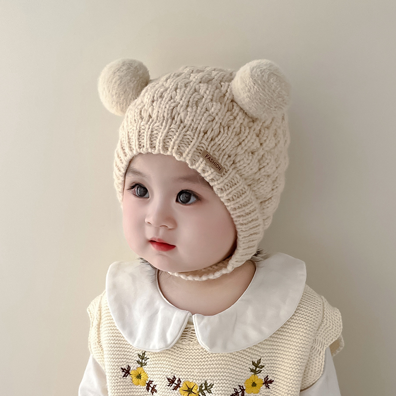 宝宝护耳帽秋冬季加厚毛线帽韩版麻花毛球男女童套头帽婴儿外出帽