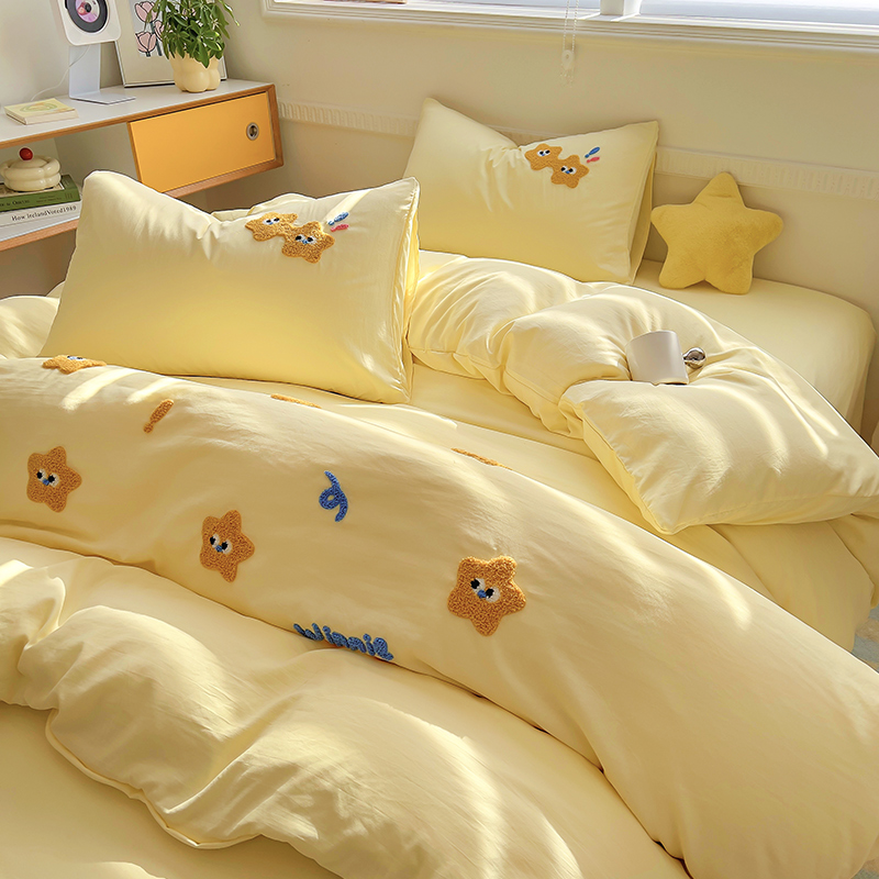卡通四件套2024新款可爱毛巾绣被套套件学生宿舍床上四件套牛奶绒