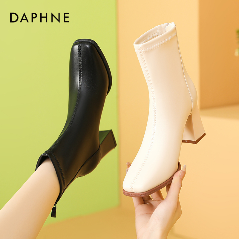 达芙妮软皮【5/7cm】短靴瘦瘦靴中筒粗跟不累脚短靴女靴短靴粗跟