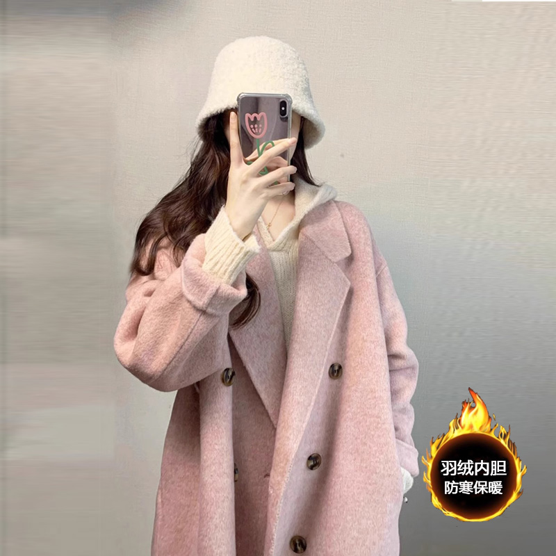 粉色羽绒加厚内胆呢子大衣女高级感2025年冬季新款双面呢毛呢外套