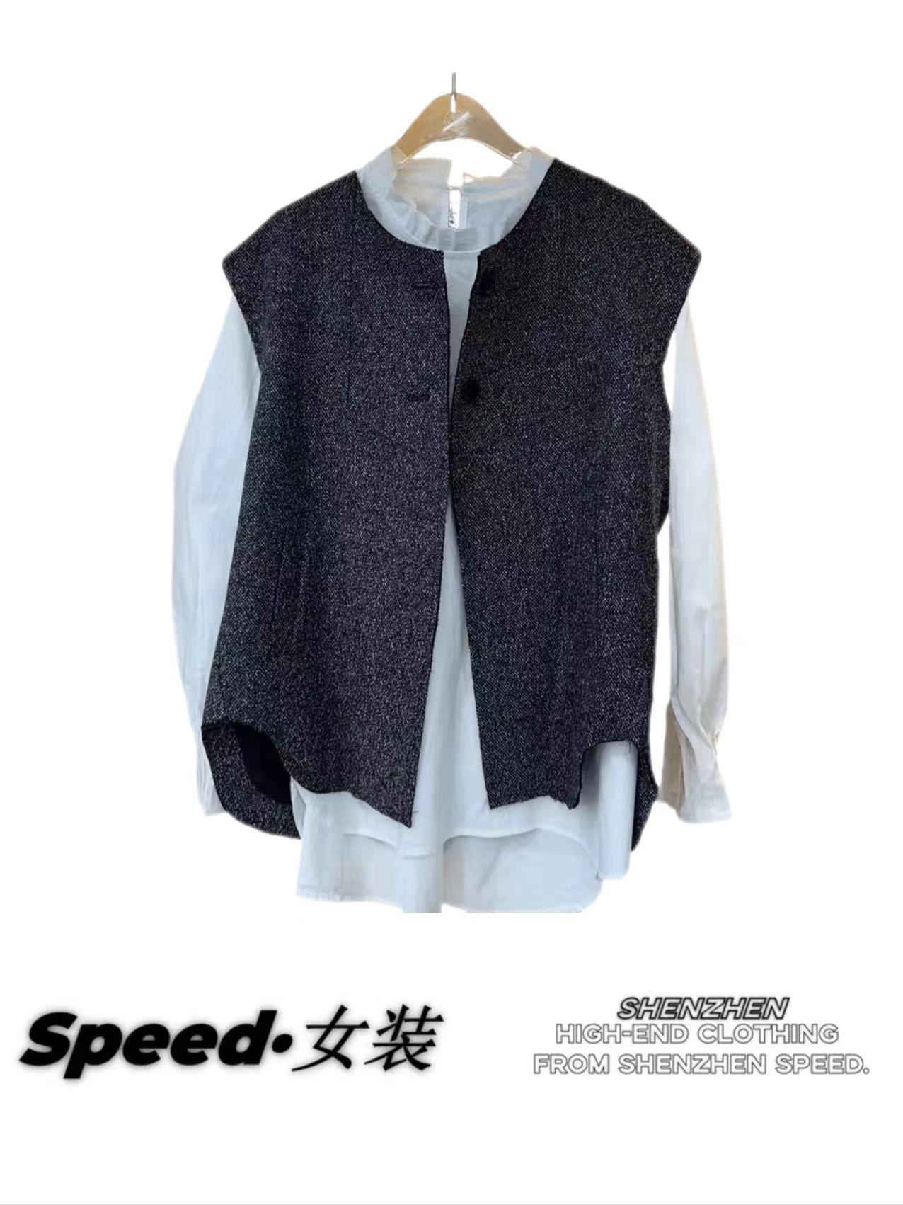 樱桃家南油2024秋季假两件衬衣搭配极简马甲气质上衣中长款