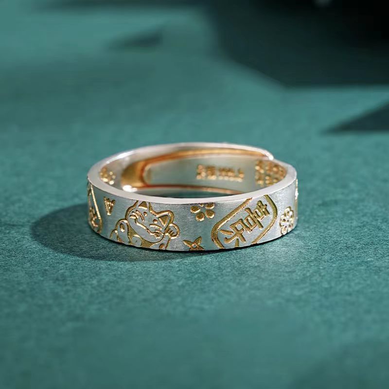 足银戒指 描金招财猫吉言足银999.9戒指古法传承纯银实心方形国风