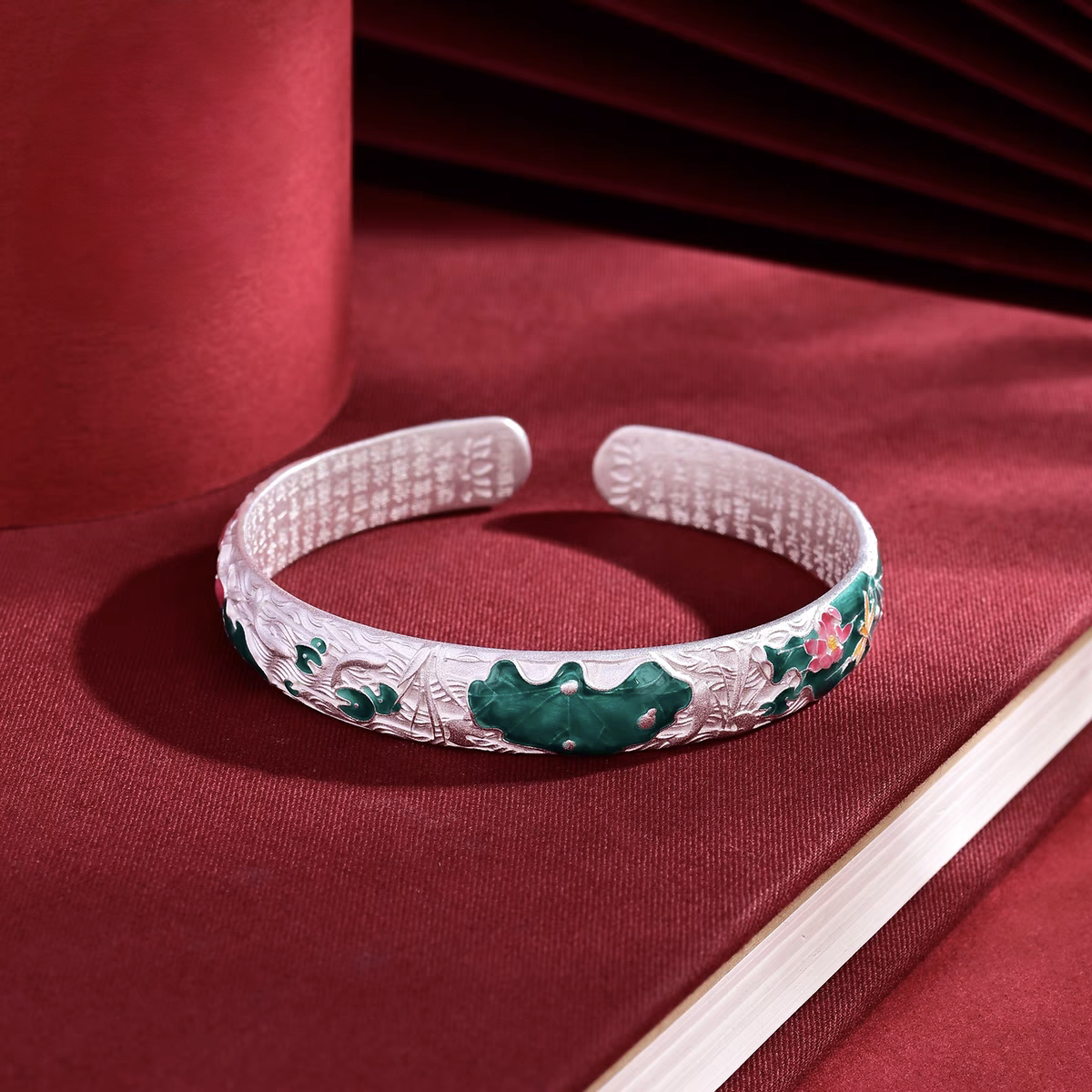 足银珐琅手镯 荷塘月色足银999.9手镯古法传承实心经典气质高级