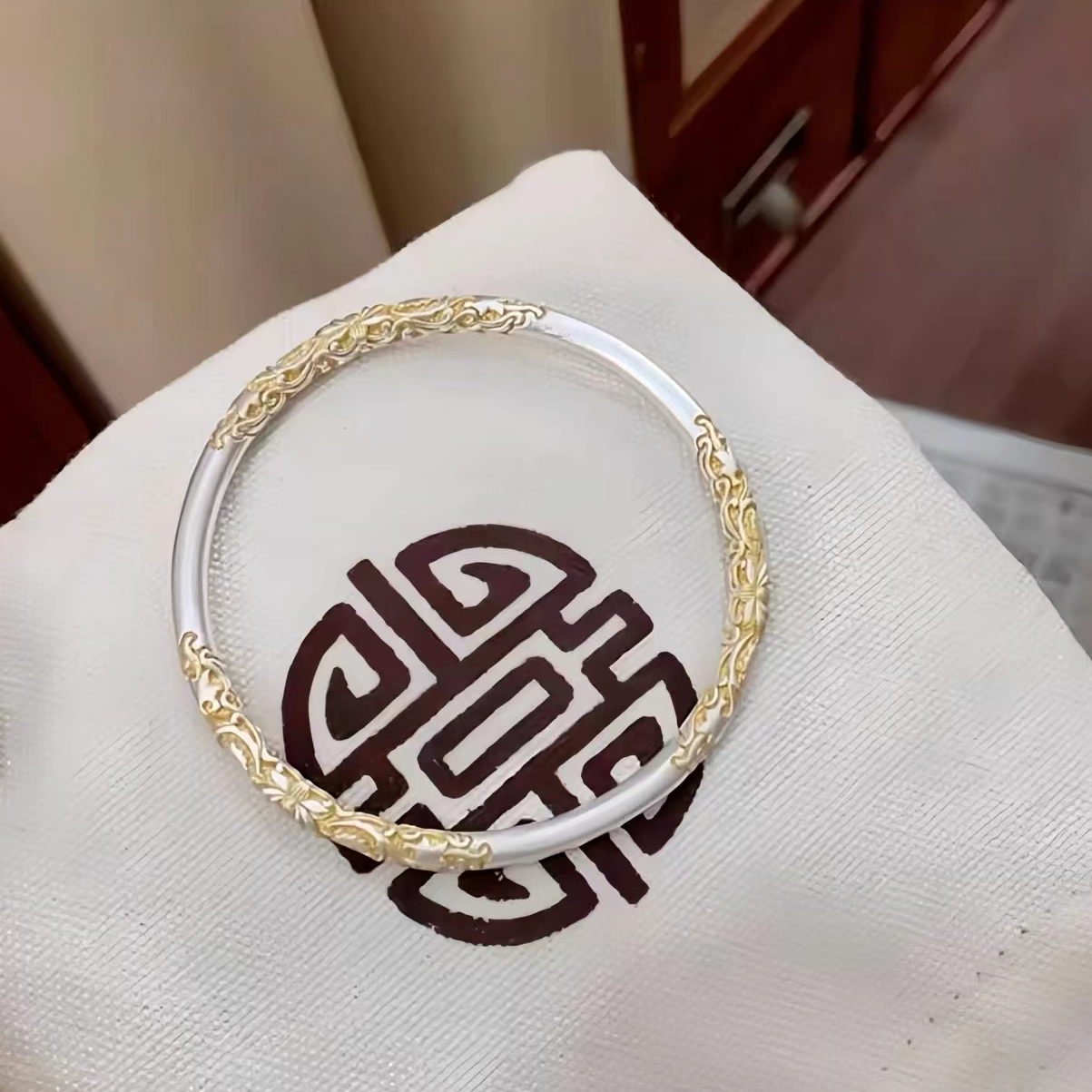 足银手镯 描金卷草纹足银999.9手镯实心古法传承时尚纯银气质百搭