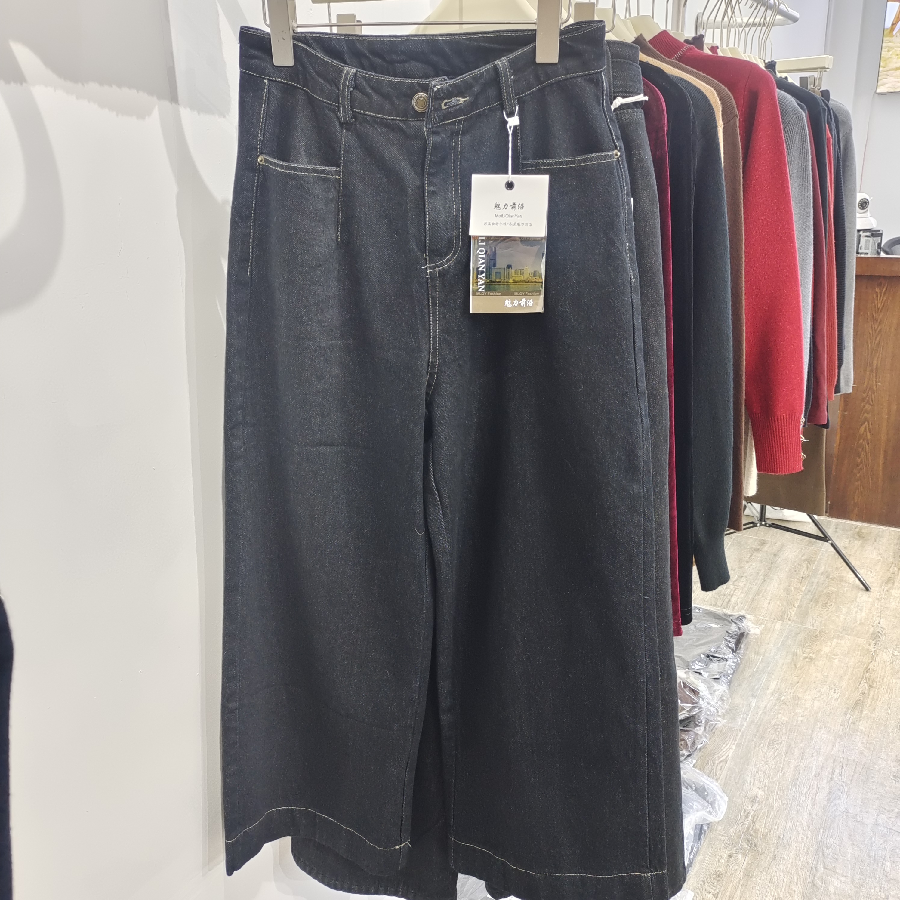 高腰直筒牛仔阔腿裤女复古显瘦休闲十分裤