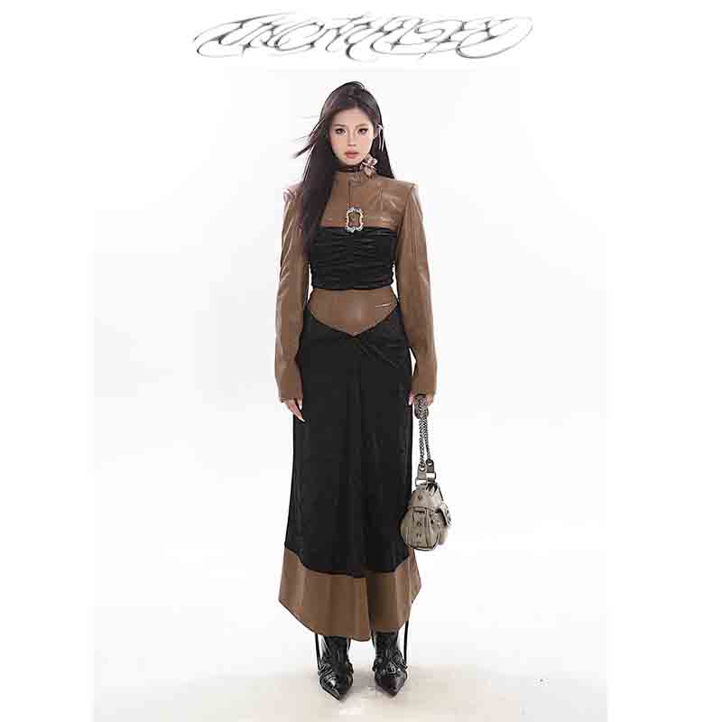 6NE  原创长袖复古美拉德黑棕拼皮辣妹女装连衣裙时尚