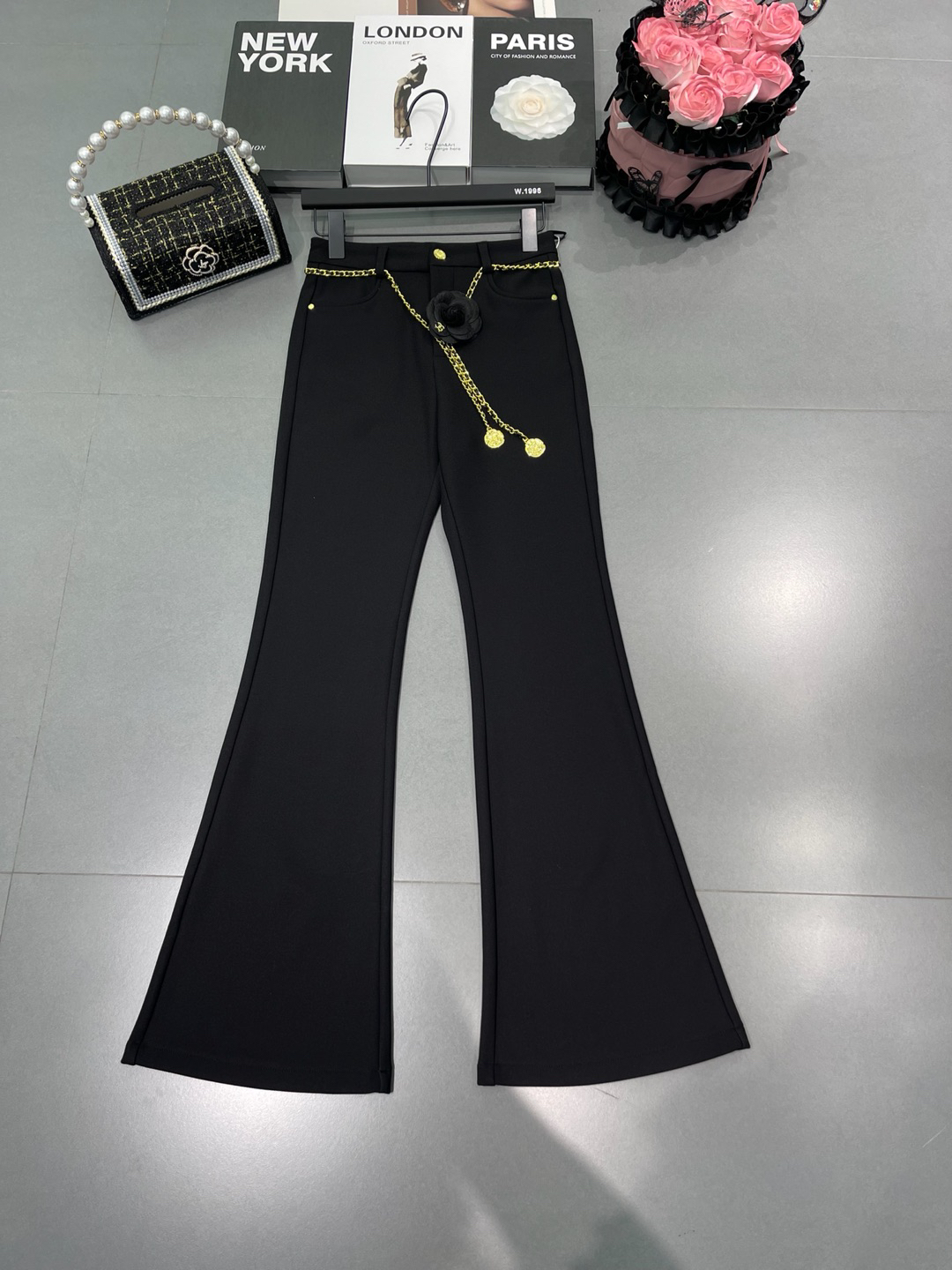 高腰显瘦微喇长裤女秋冬加绒时尚链条拖地裤