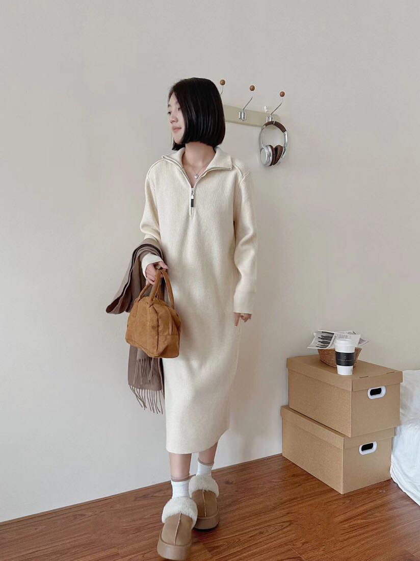 法式长袖针织连衣裙秋冬高领直筒毛衣裙