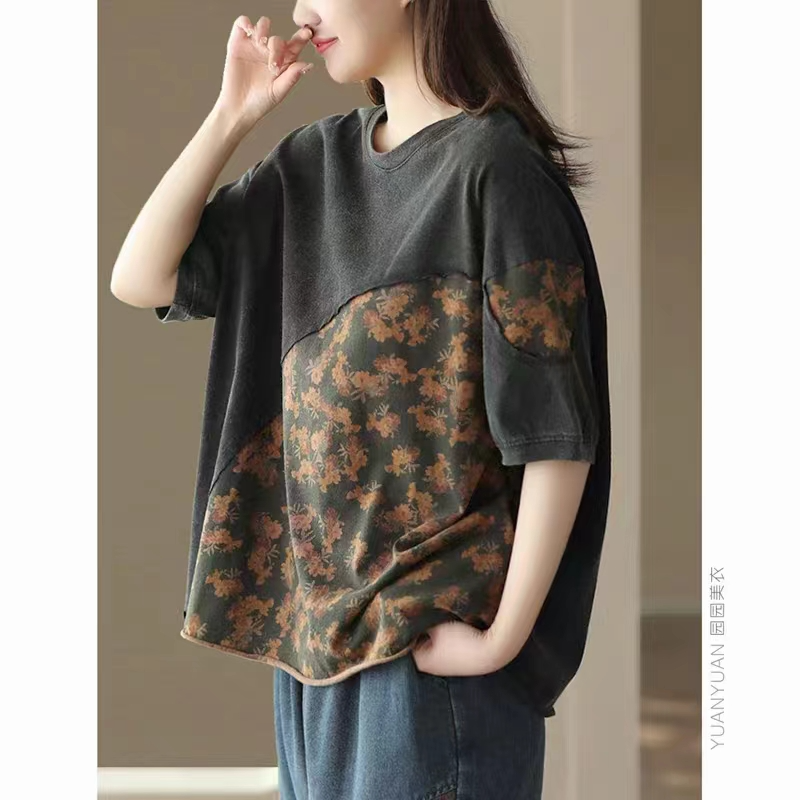 2024潮流休闲女士T恤复古时尚夏季宽松文艺圆领水洗拼接做旧百搭