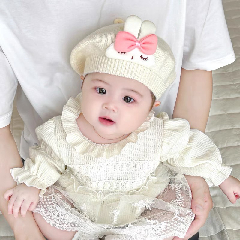婴儿帽子春秋季儿童贝雷帽可爱兔子宝宝画家帽秋冬女童毛线防风帽
