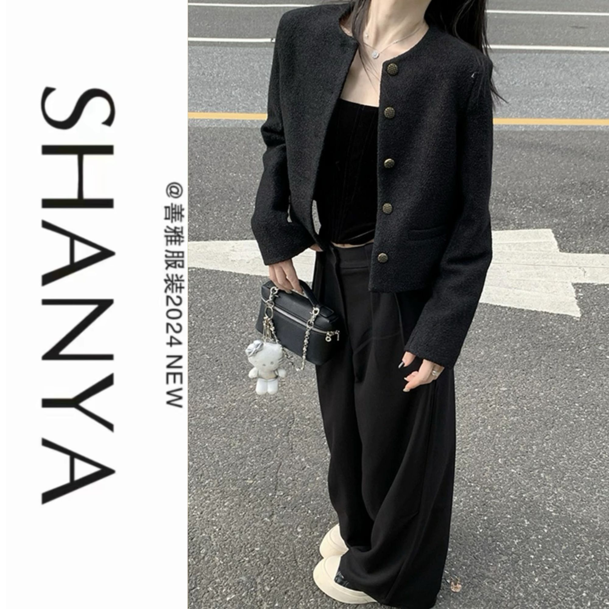 通勤小香风外套#3219黑色赫本风圆领西装女秋冬气质短毛呢西装