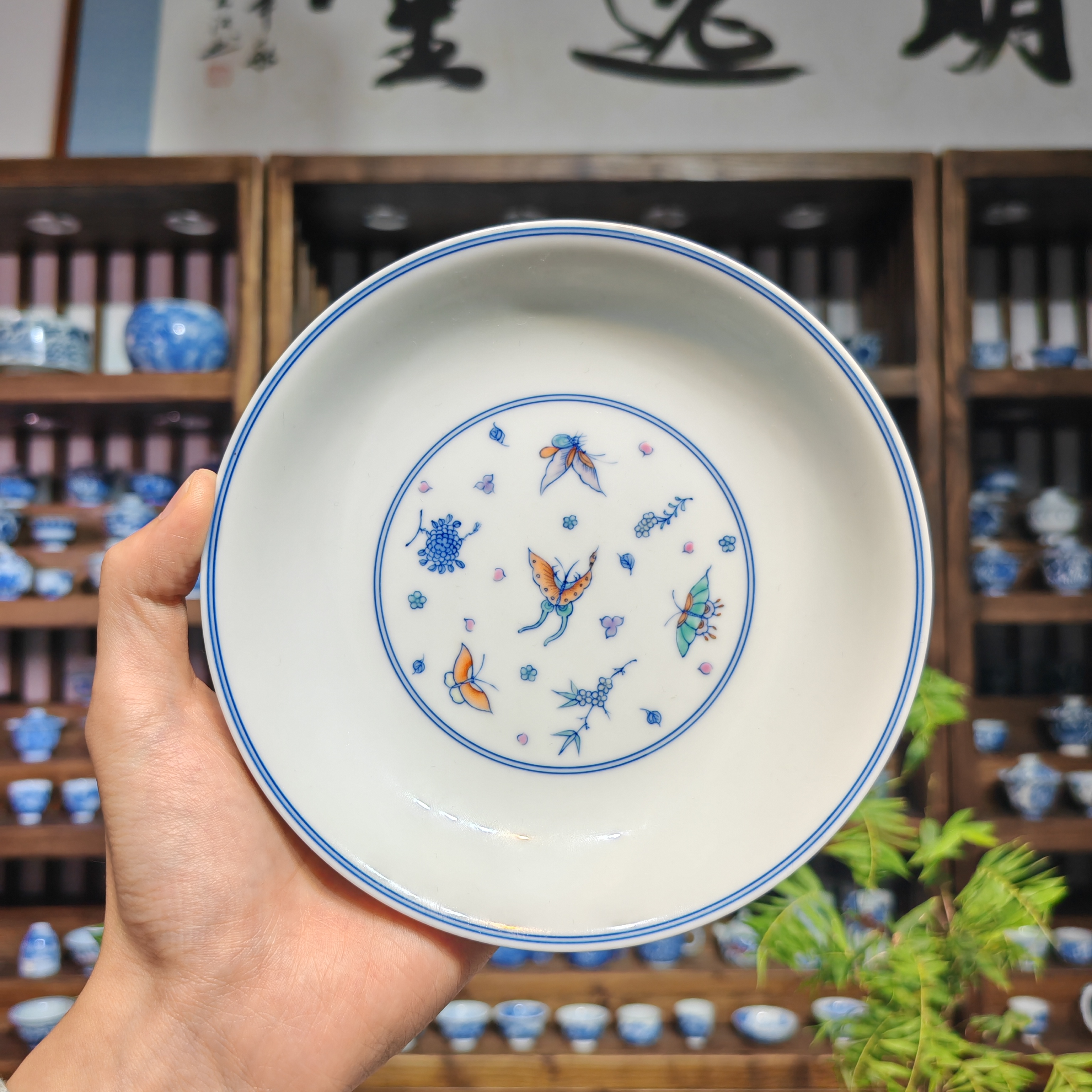 明逸堂手绘陶瓷｜斗彩蝶恋花壶承｜16cm直径3cm高度手工蓝色茶具