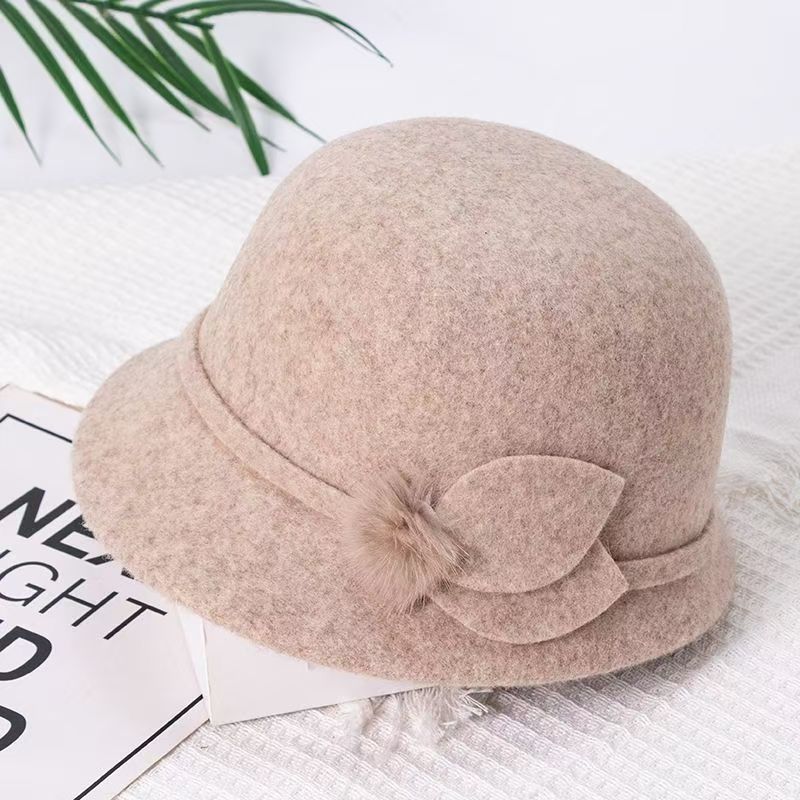 渔夫帽子女秋冬羊毛呢优雅花朵保暖盆帽显脸小休闲百搭复古小礼帽