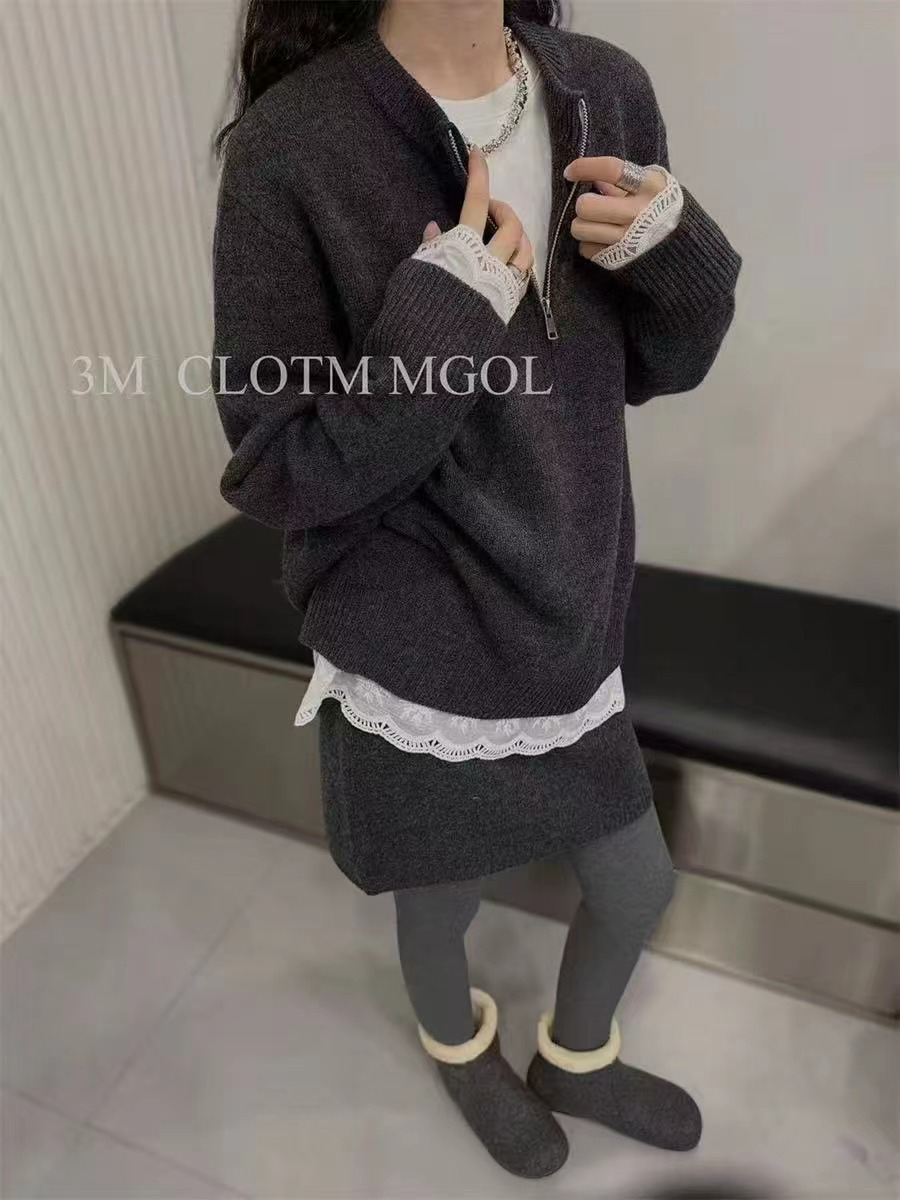 秋冬新款 半拉链圆领全羊毛宽松毛衣 休闲百搭韩系灰色长袖上衣