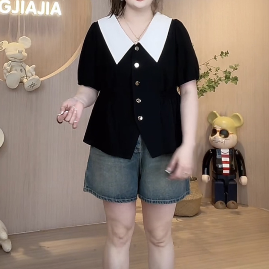 胖mm大码夏季法式气质撞色翻领短袖上衣女时尚收腰显瘦减龄衬衫