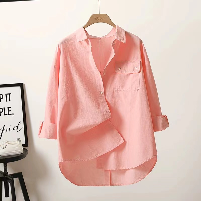2768都市时尚休闲百搭衬衫显瘦宽松薄款纯色长袖衬衣7848
