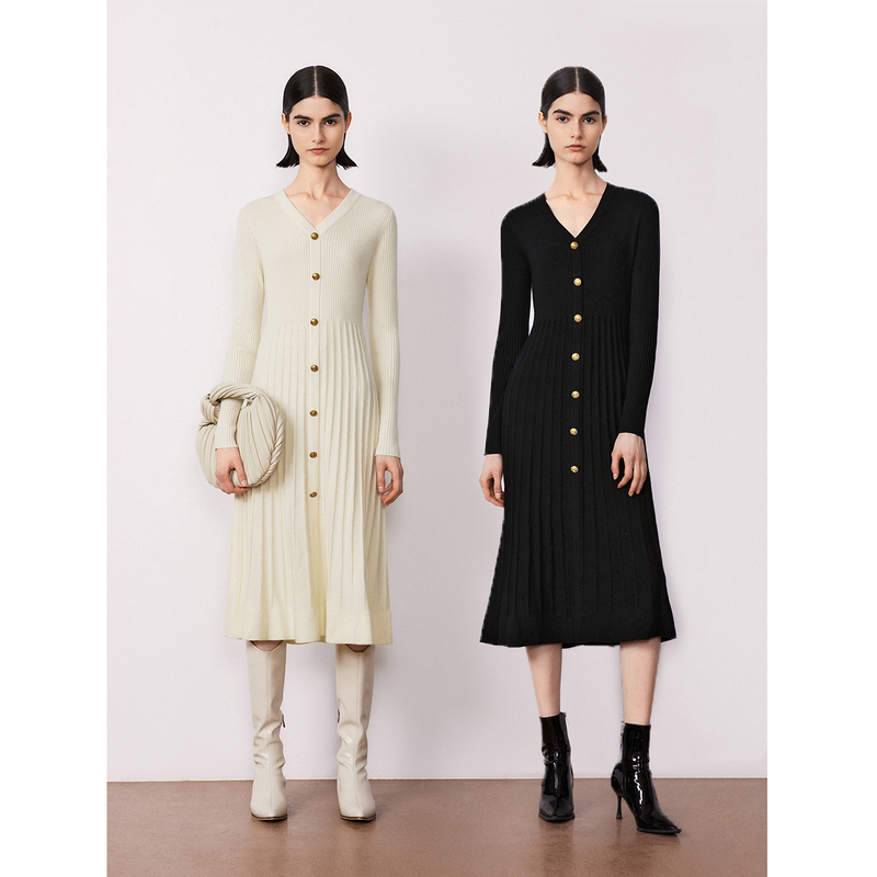 朗姿纯羊毛v领收腰显瘦气质长袖针织裙气质长裙新款冬礼服连衣裙