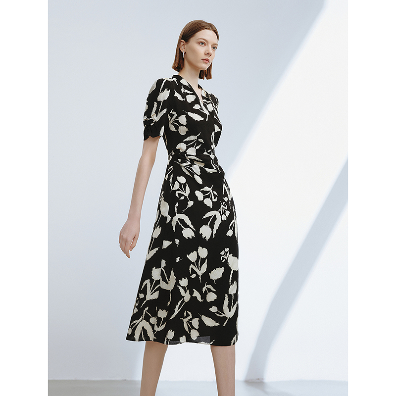 P081【赵老板】朗姿法式小众设计感围裹式度假连衣裙印花裙子