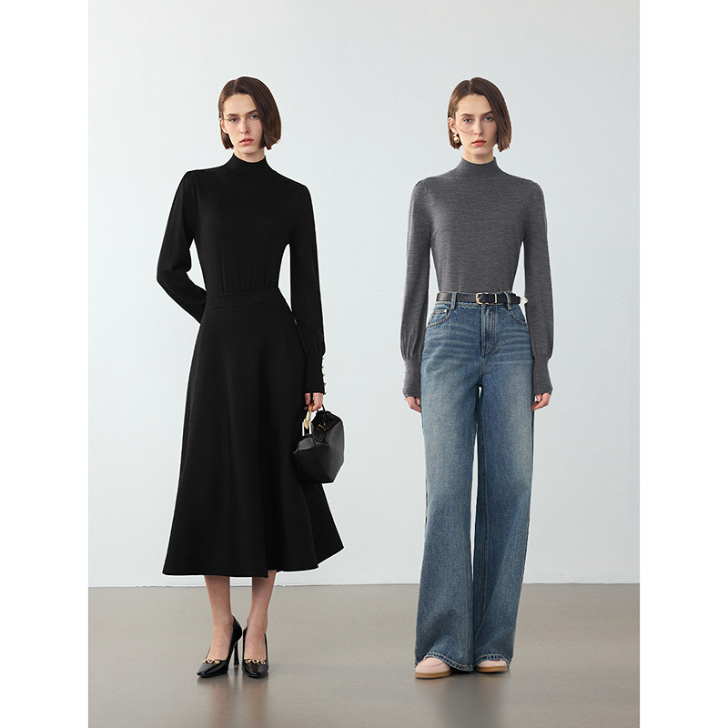 朗姿半高领复古灯笼袖纯羊毛毛针织衫2024年冬季新款气质内搭上衣