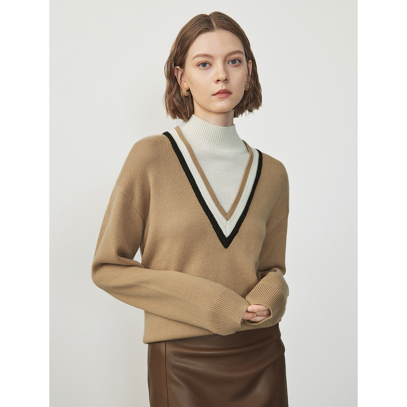 朗姿羊毛假两件立领毛针织衫2024年冬季新款气质套头打底衫上衣女