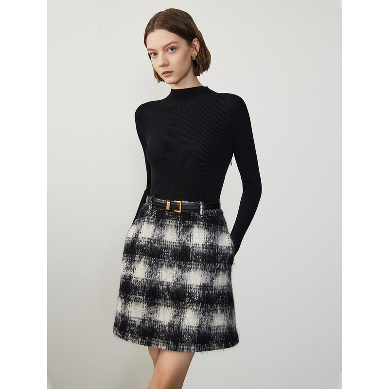 朗姿半高领复古格纹设计感假两件法式修身裙冬季新款长袖连衣裙女