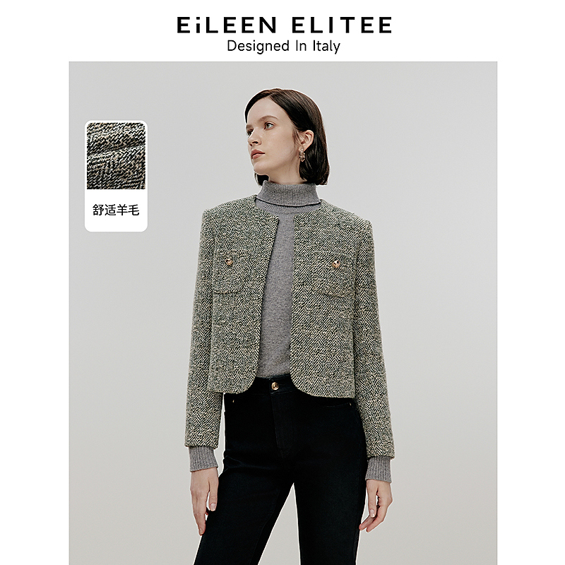 K174【赵老板】朗姿复古圆领上衣2024冬季新款时髦小香风正肩短外