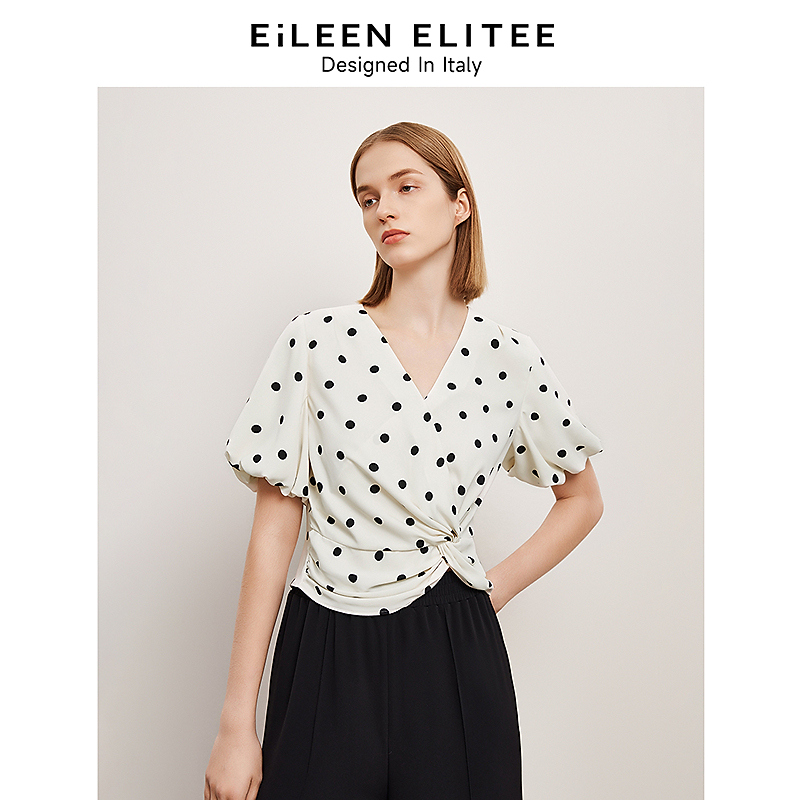L102【赵老板】朗姿欧洲EiLEEN ELITEE别致复古泡泡袖波点收腰衬